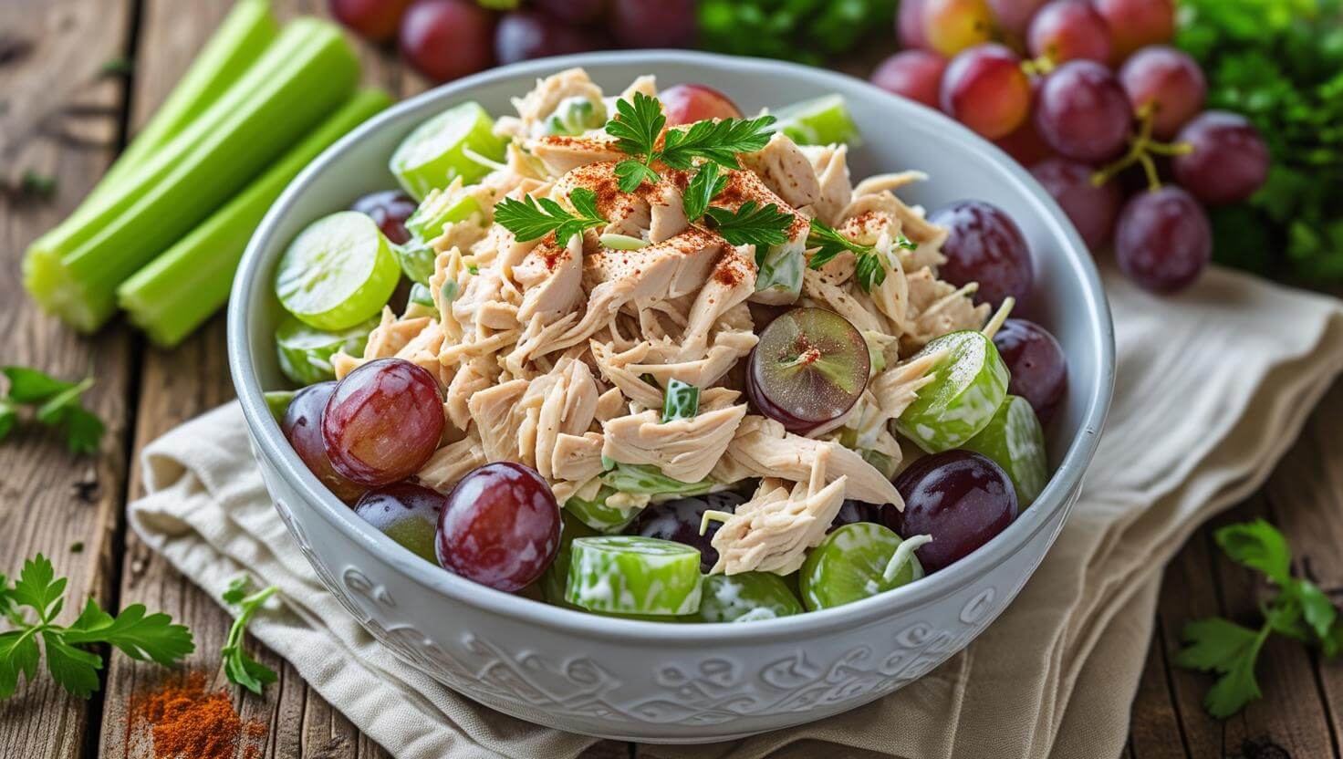 Bowl of creamy chicken salad with chopped celery and herbs, served fresh on a table.